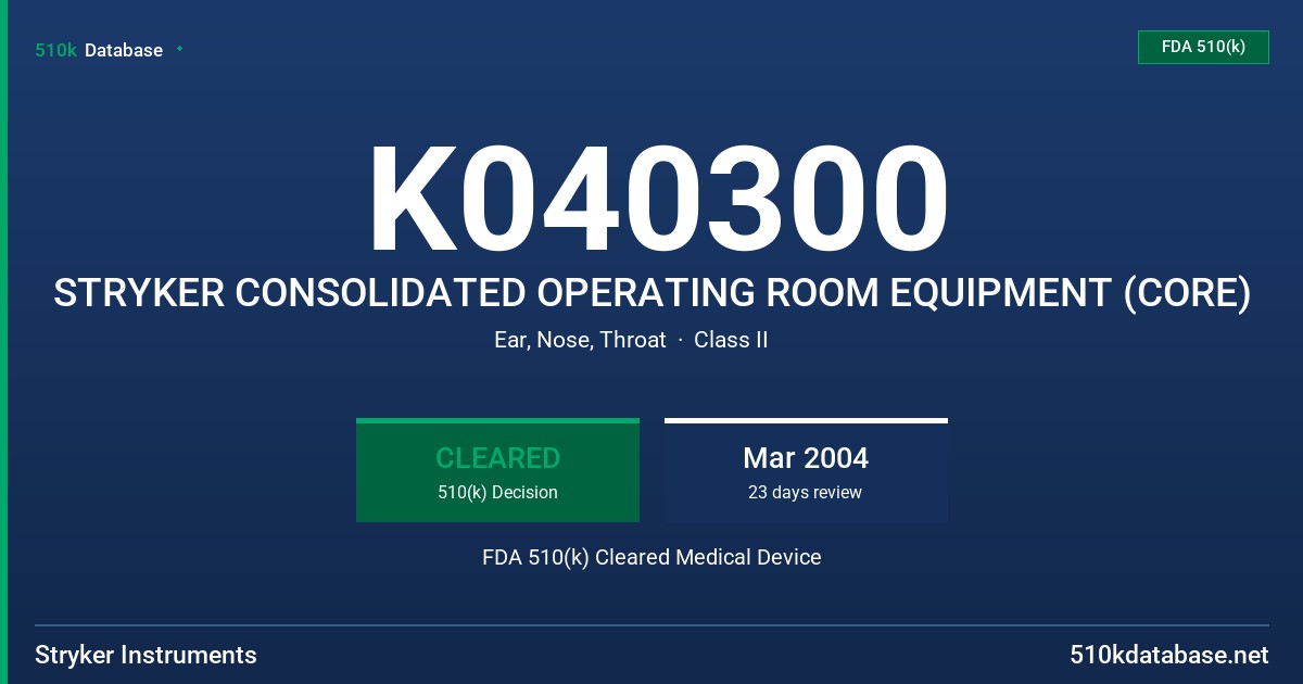 K040300 STRYKER CONSOLIDATED OPERATING ROOM EQUIPMENT (CORE) FDA 510(k) Cleared Medical Device