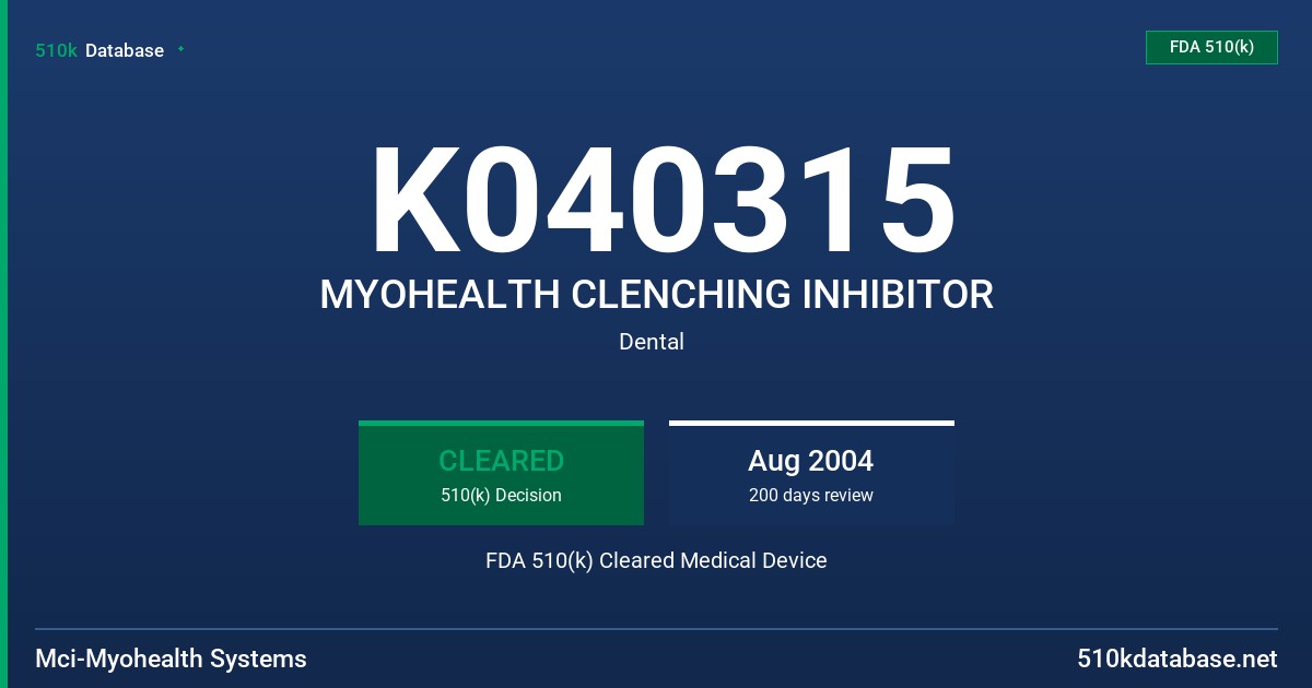 K040315 MYOHEALTH CLENCHING INHIBITOR FDA 510(k) Cleared Medical Device