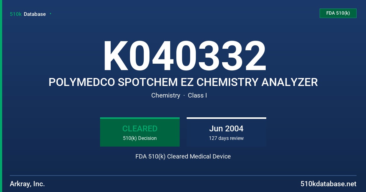 K040332 POLYMEDCO SPOTCHEM EZ CHEMISTRY ANALYZER FDA 510(k) Cleared Medical Device