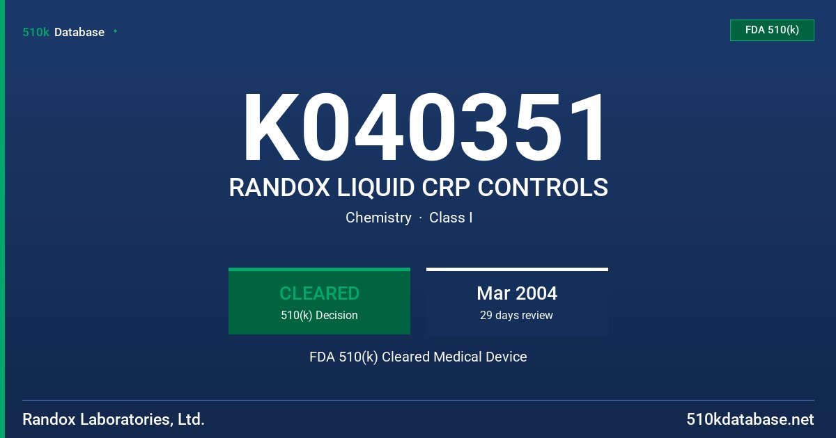 K040351 RANDOX LIQUID CRP CONTROLS FDA 510(k) Cleared Medical Device
