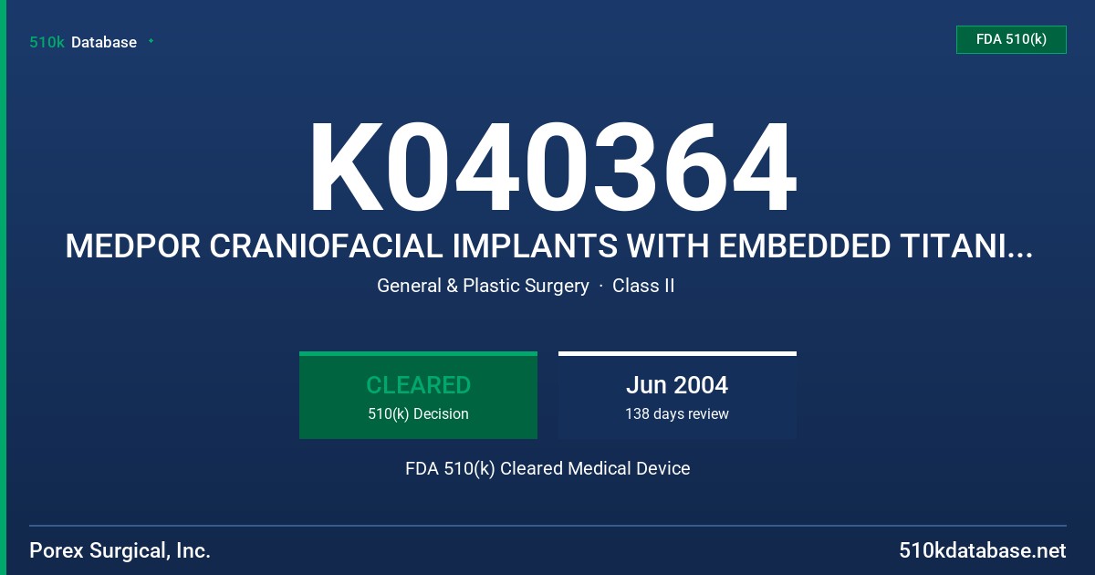K040364 MEDPOR CRANIOFACIAL IMPLANTS WITH EMBEDDED TITANIUM MESH FDA 510(k) Cleared Medical Device