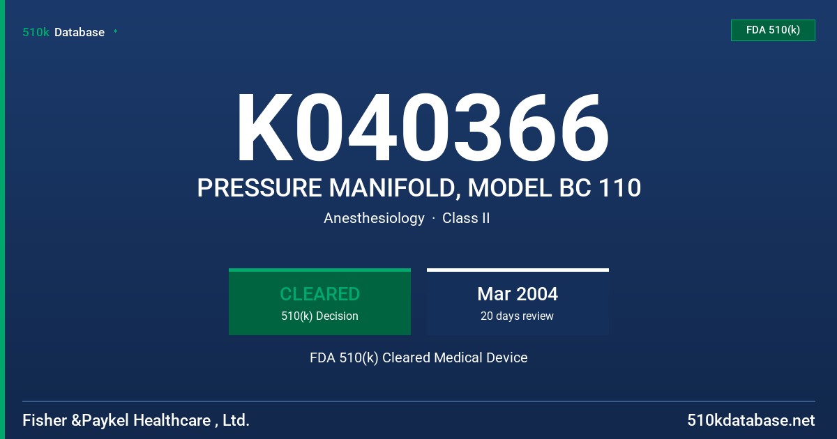 K040366 PRESSURE MANIFOLD, MODEL BC 110 FDA 510(k) Cleared Medical Device