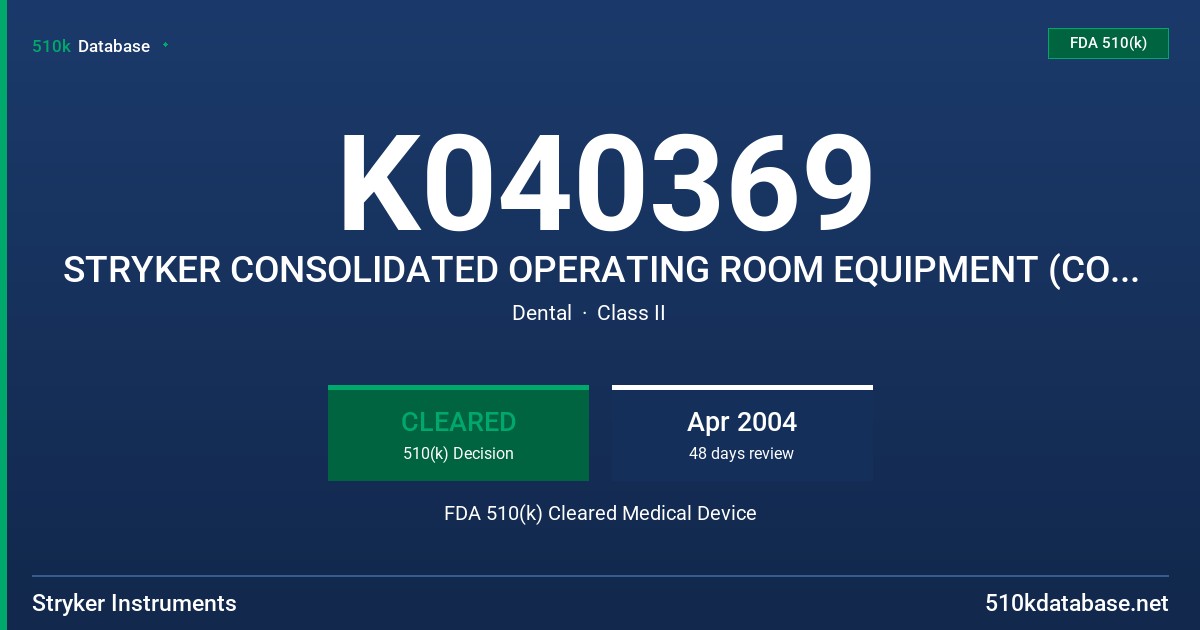 K040369 STRYKER CONSOLIDATED OPERATING ROOM EQUIPMENT (CORE) SYSTEM FDA 510(k) Cleared Medical Device