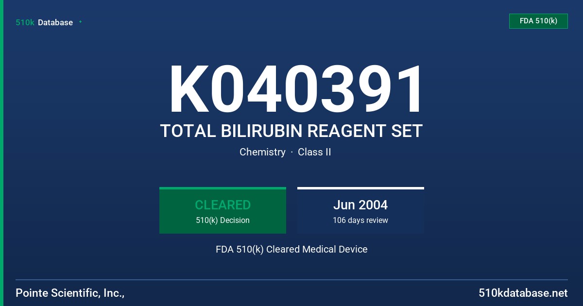 K040391 TOTAL BILIRUBIN REAGENT SET FDA 510(k) Cleared Medical Device