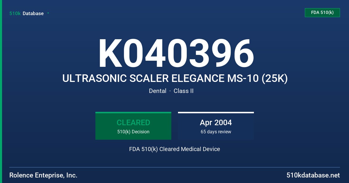 K040396 ULTRASONIC SCALER ELEGANCE MS-10 (25K) FDA 510(k) Cleared Medical Device