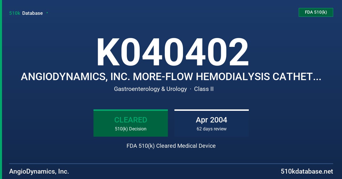 K040402 ANGIODYNAMICS, INC. MORE-FLOW HEMODIALYSIS CATHETER AND PROCEDURE KIT FDA 510(k) Cleared Medical Device