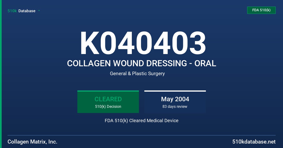 K040403 COLLAGEN WOUND DRESSING - ORAL FDA 510(k) Cleared Medical Device