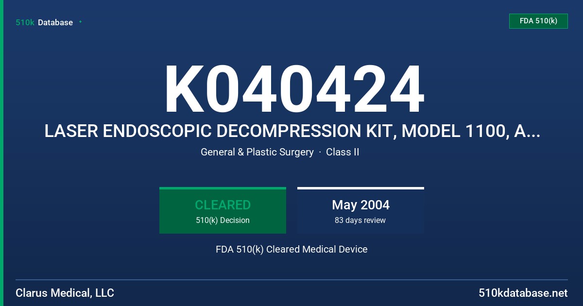 K040424 LASER ENDOSCOPIC DECOMPRESSION KIT, MODEL 1100, AND PERCUTANEOUS DISCECTOMY KIT, MODEL 1120 FDA 510(k) Cleared Medical Device