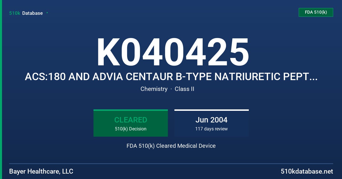 K040425 ACS:180 AND ADVIA CENTAUR B-TYPE NATRIURETIC PEPTIDE (BNP) ASSAYS FDA 510(k) Cleared Medical Device
