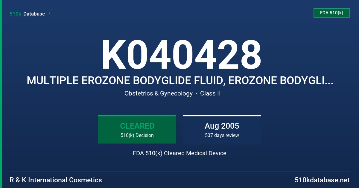 K040428 MULTIPLE EROZONE BODYGLIDE FLUID, EROZONE BODYGLIDE GEL, EROZONE LATEX DRESSING, EROZONE BODYGLIDE NATURAL FOAM FDA 510(k) Cleared Medical Device
