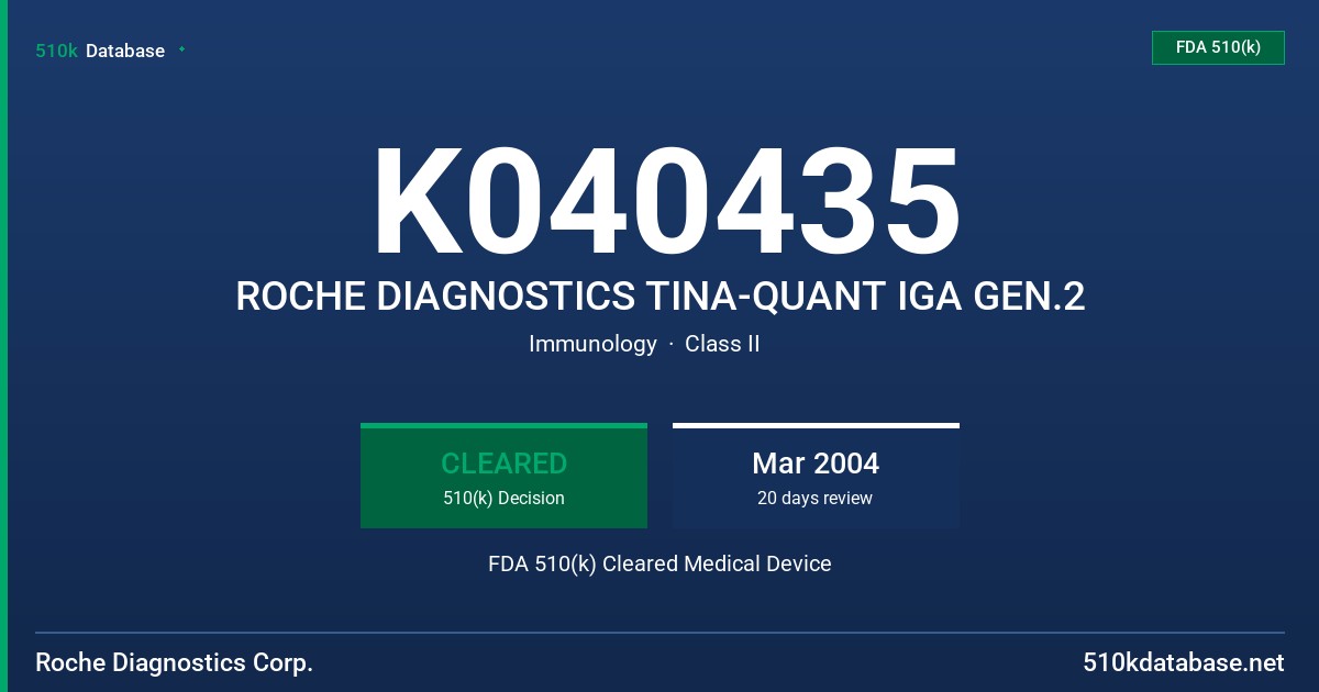 K040435 ROCHE DIAGNOSTICS TINA-QUANT IGA GEN.2 FDA 510(k) Cleared Medical Device