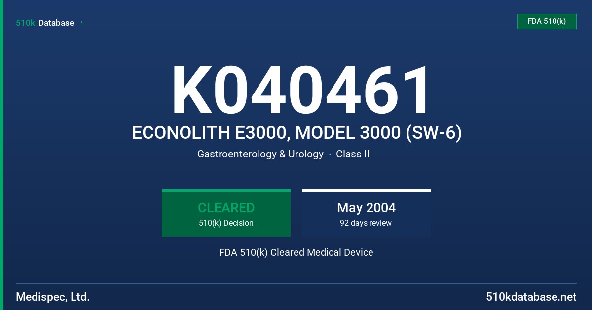 K040461 ECONOLITH E3000, MODEL 3000 (SW-6) FDA 510(k) Cleared Medical Device