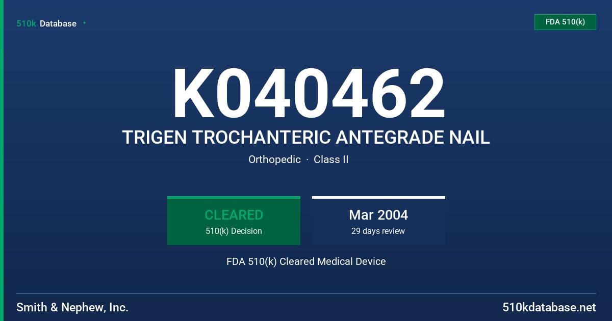 K040462 TRIGEN TROCHANTERIC ANTEGRADE NAIL FDA 510(k) Cleared Medical Device