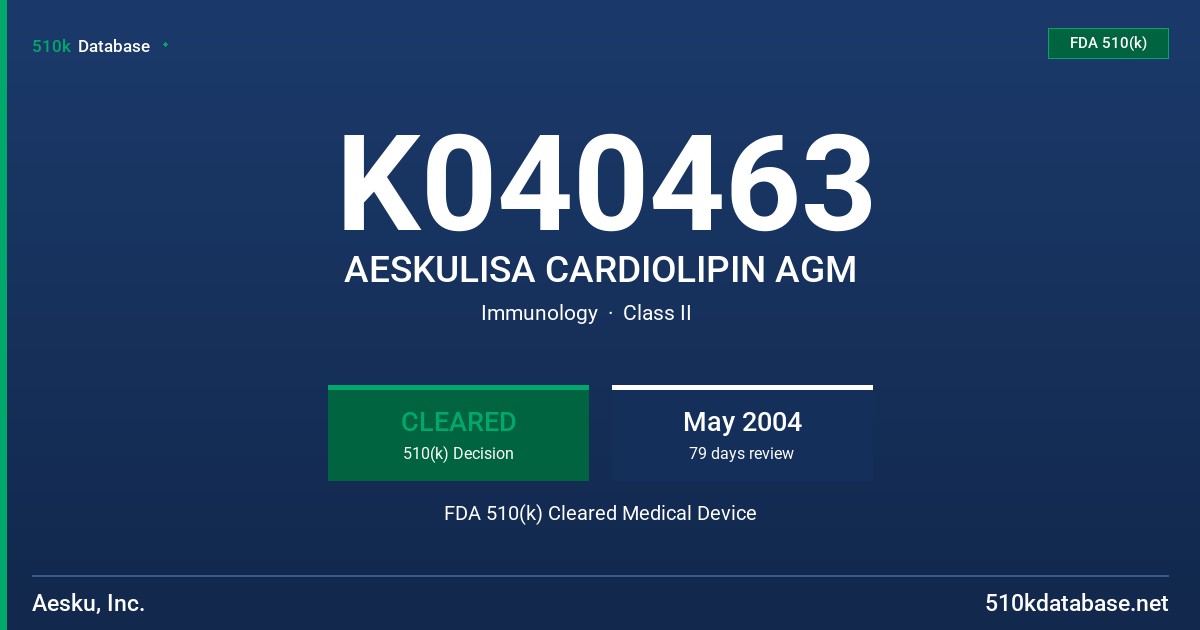 K040463 AESKULISA CARDIOLIPIN AGM FDA 510(k) Cleared Medical Device