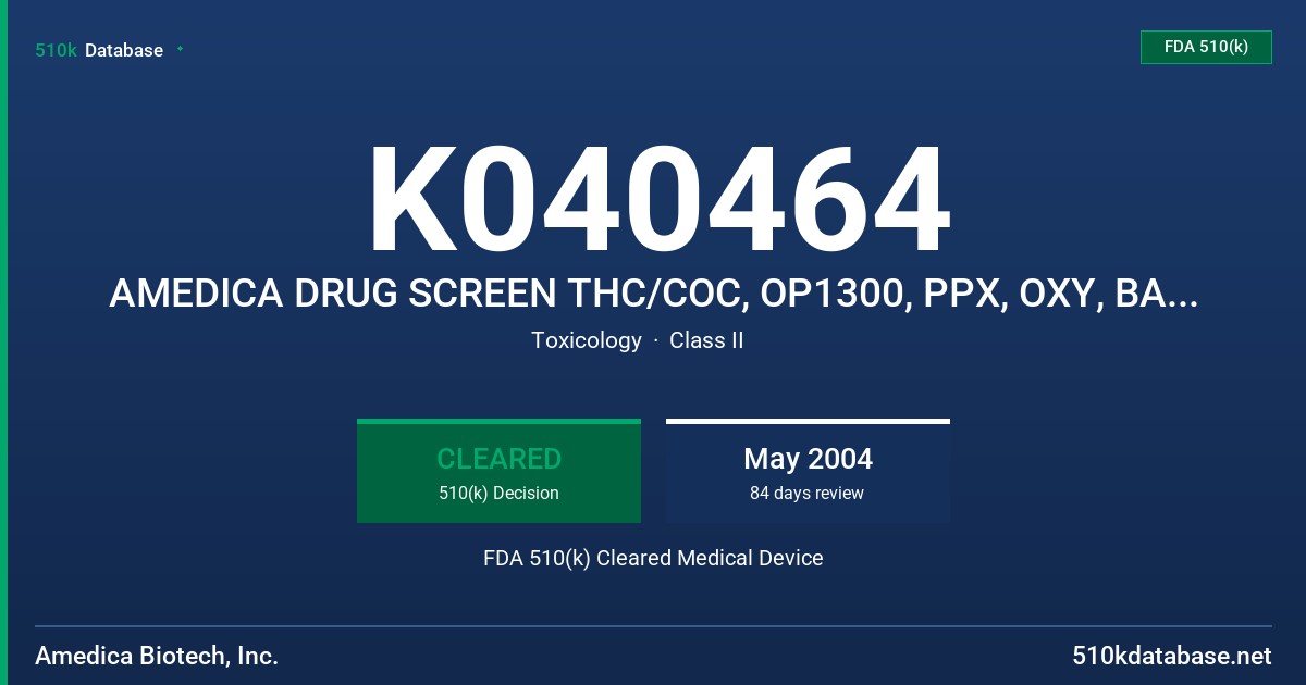 K040464 AMEDICA DRUG SCREEN THC/COC, OP1300, PPX, OXY, BAR/BZO TEST FDA 510(k) Cleared Medical Device