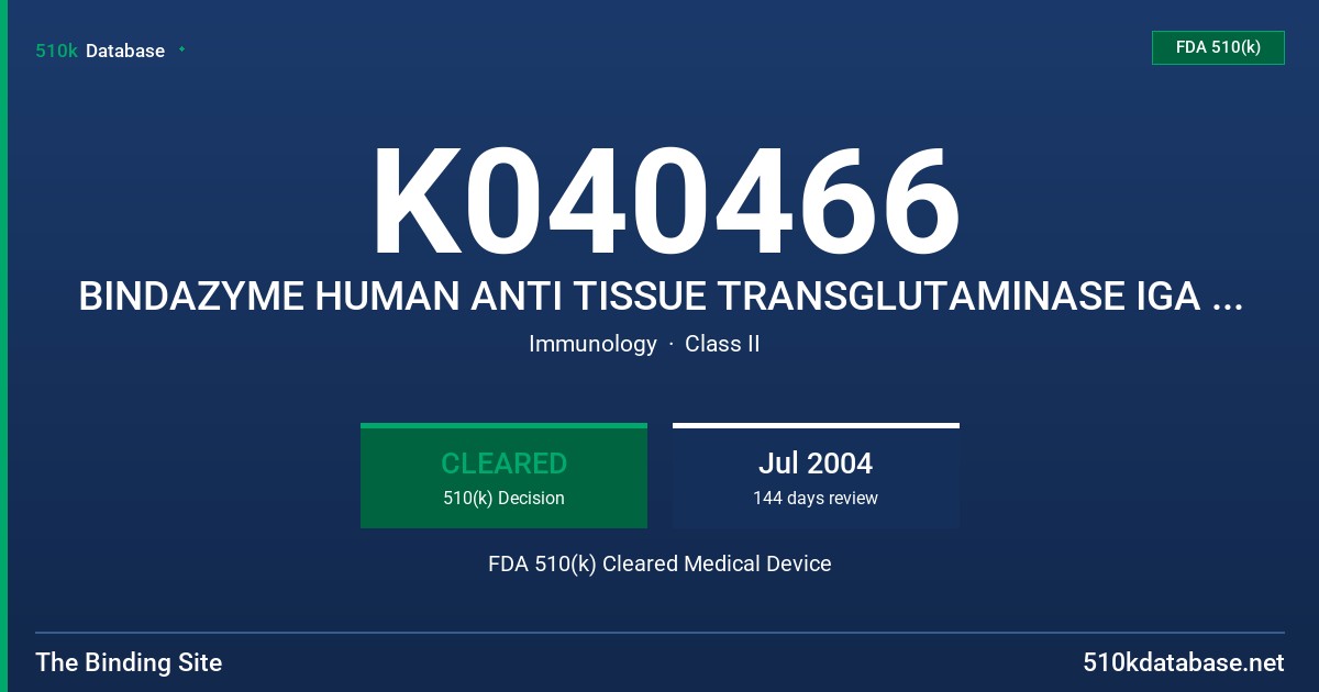 K040466 BINDAZYME HUMAN ANTI TISSUE TRANSGLUTAMINASE IGA AND IGG EIA DIAGNOSTIC TEST KITS FDA 510(k) Cleared Medical Device