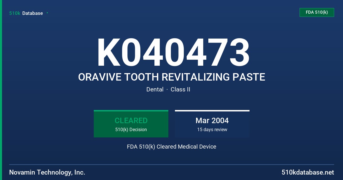 K040473 ORAVIVE TOOTH REVITALIZING PASTE FDA 510(k) Cleared Medical Device