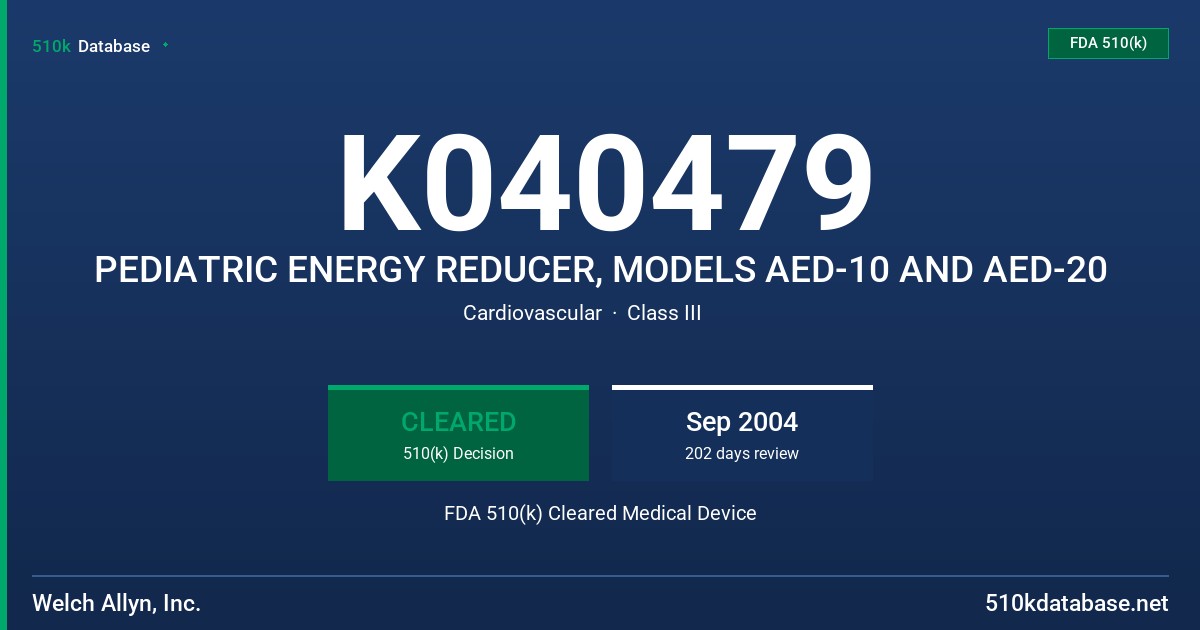 K040479 PEDIATRIC ENERGY REDUCER, MODELS AED-10 AND AED-20 FDA 510(k) Cleared Medical Device