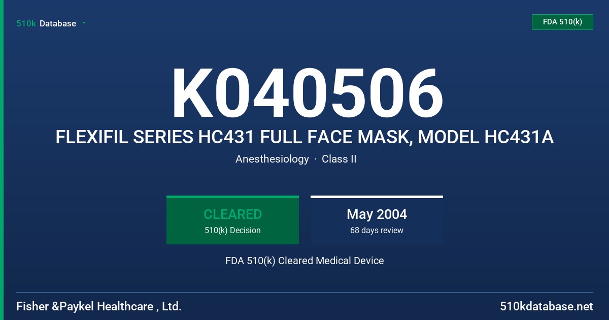 K040506 FLEXIFIL SERIES HC431 FULL FACE MASK, MODEL HC431A FDA 510(k) Cleared Medical Device