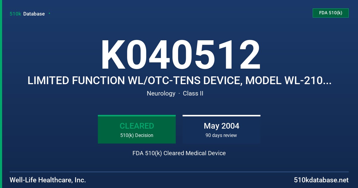 K040512 LIMITED FUNCTION WL/OTC-TENS DEVICE, MODEL WL-2103A, WL-2203A, WL-2203B AND WL-2401 FDA 510(k) Cleared Medical Device