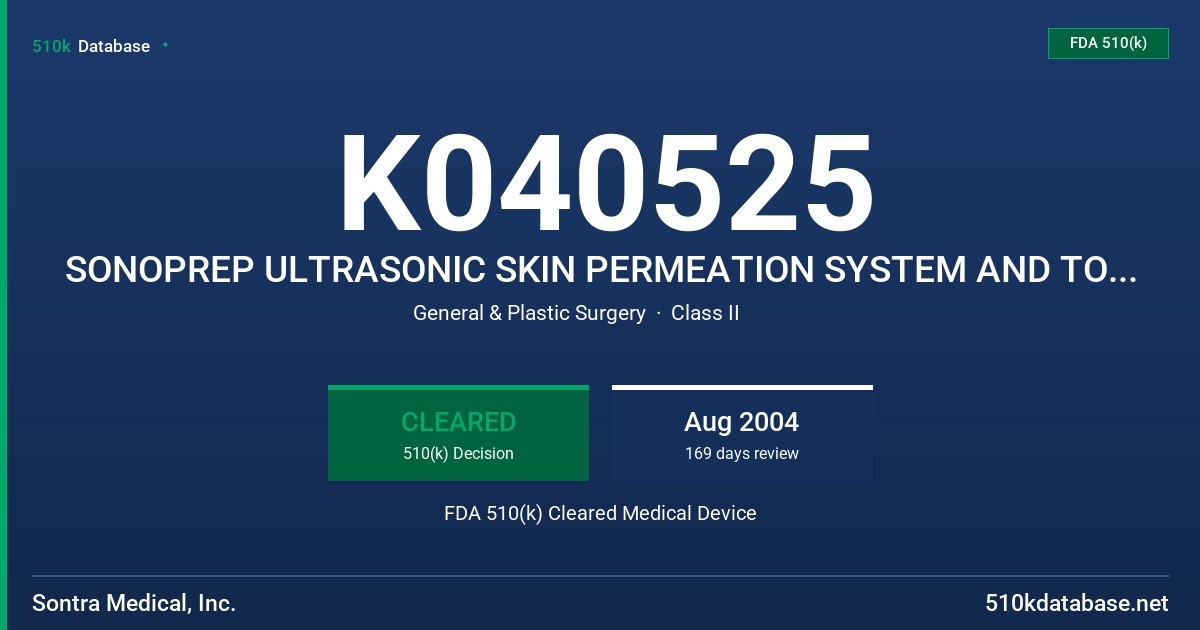 K040525 SONOPREP ULTRASONIC SKIN PERMEATION SYSTEM AND TOPICAL ANESTHETIC KIT, MODEL D2000 FDA 510(k) Cleared Medical Device