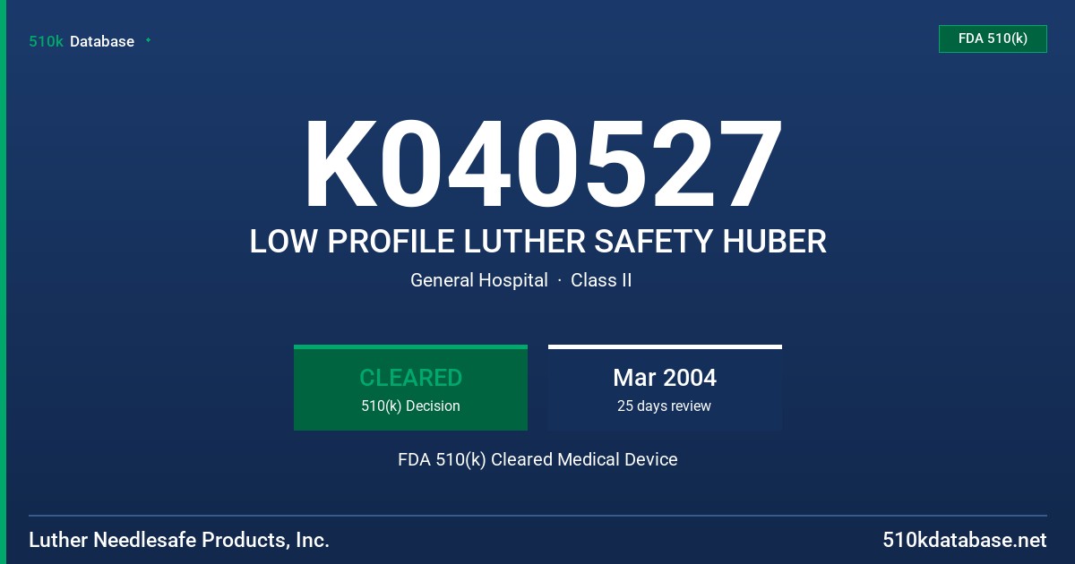 K040527 LOW PROFILE LUTHER SAFETY HUBER FDA 510(k) Cleared Medical Device