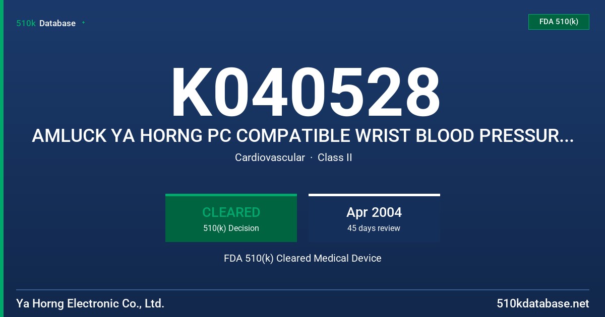 K040528 AMLUCK YA HORNG PC COMPATIBLE WRIST BLOOD PRESSURE MONITOR, MODEL AK-4000T FDA 510(k) Cleared Medical Device