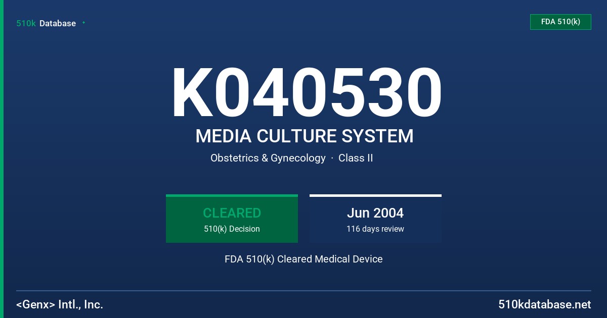 K040530 MEDIA CULTURE SYSTEM FDA 510(k) Cleared Medical Device