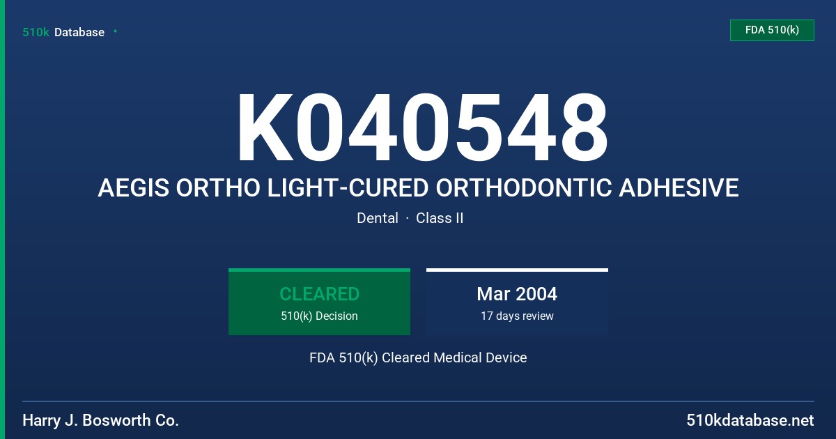 K040548 AEGIS ORTHO LIGHT-CURED ORTHODONTIC ADHESIVE FDA 510(k) Cleared Medical Device
