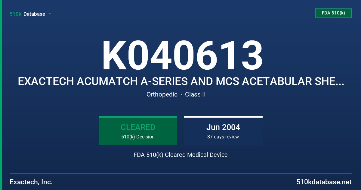 K040613 EXACTECH ACUMATCH A-SERIES AND MCS ACETABULAR SHELLS AND LINERS FDA 510(k) Cleared Medical Device