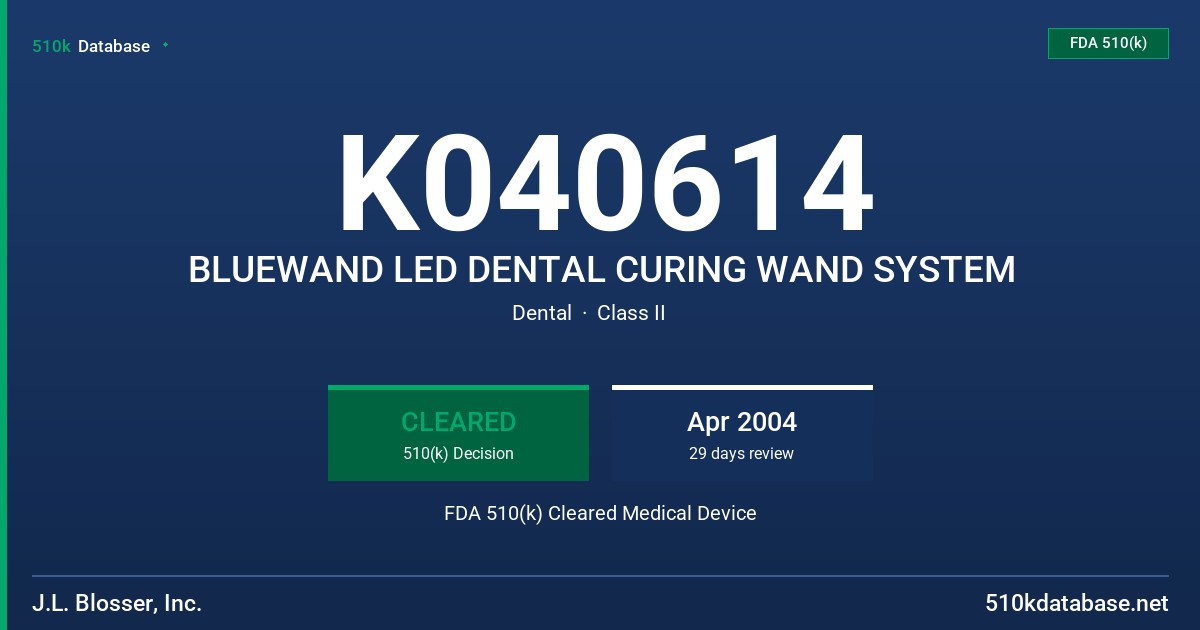 K040614 BLUEWAND LED DENTAL CURING WAND SYSTEM FDA 510(k) Cleared Medical Device