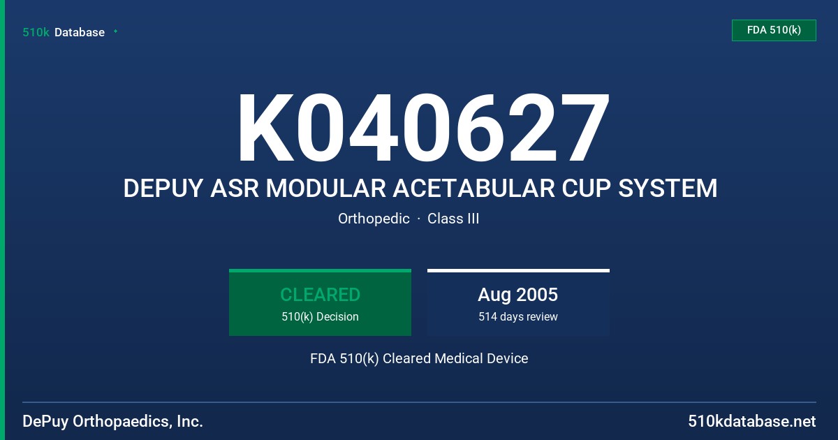 K040627 DEPUY ASR MODULAR ACETABULAR CUP SYSTEM FDA 510(k) Cleared Medical Device