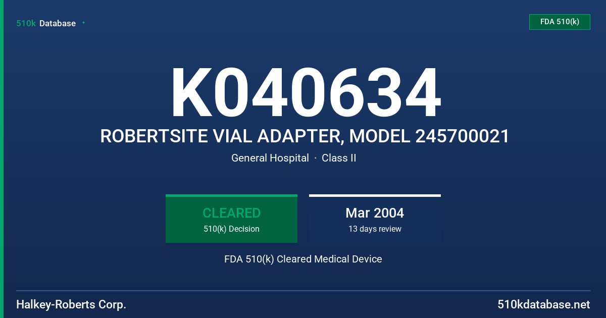 K040634 ROBERTSITE VIAL ADAPTER, MODEL 245700021 FDA 510(k) Cleared Medical Device