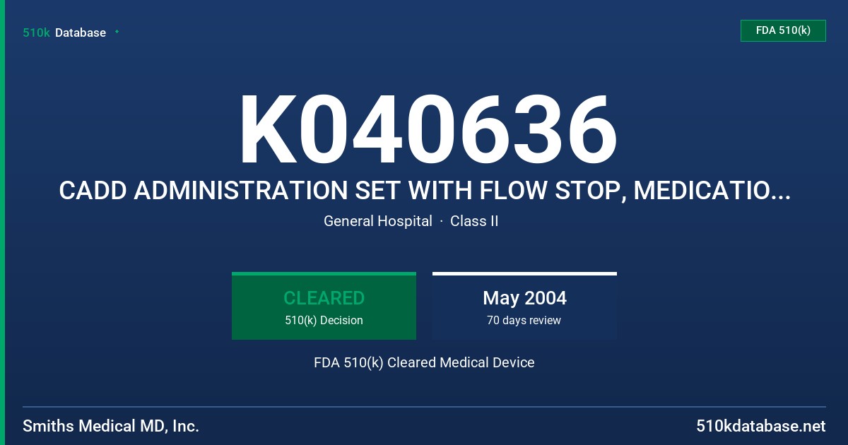 K040636 CADD ADMINISTRATION SET WITH FLOW STOP, MEDICATION CASSETTE RESERVOIR WITH FLOW STOP AND EXTENSION SET FDA 510(k) Cleared Medical Device
