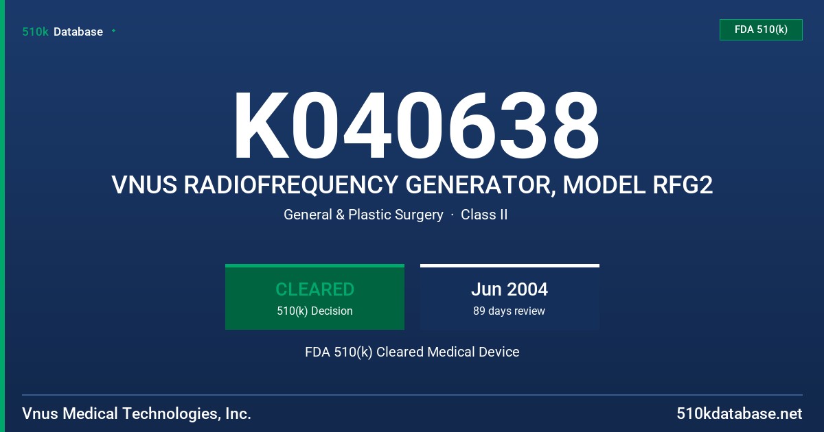 K040638 VNUS RADIOFREQUENCY GENERATOR, MODEL RFG2 FDA 510(k) Cleared Medical Device