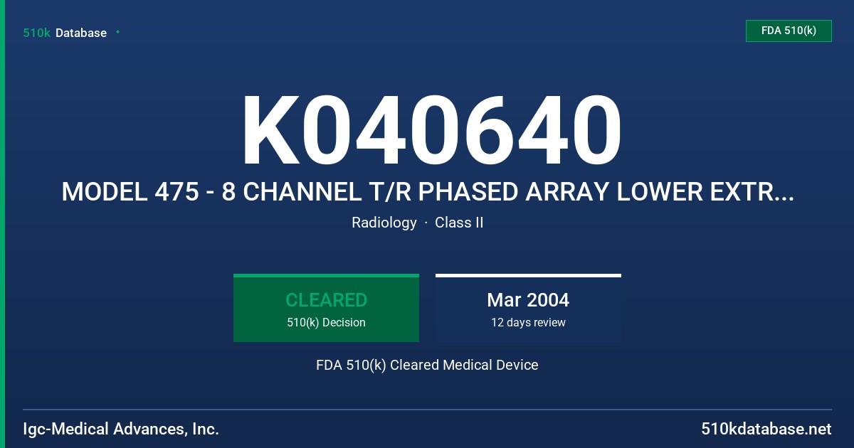 K040640 MODEL 475 - 8 CHANNEL T/R PHASED ARRAY LOWER EXTREMITY COIL FDA 510(k) Cleared Medical Device