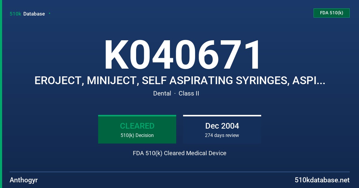 K040671 EROJECT, MINIJECT, SELF ASPIRATING SYRINGES, ASPIRATING SYRINGES, NON ASPIRATING SYRINGES FDA 510(k) Cleared Medical Device
