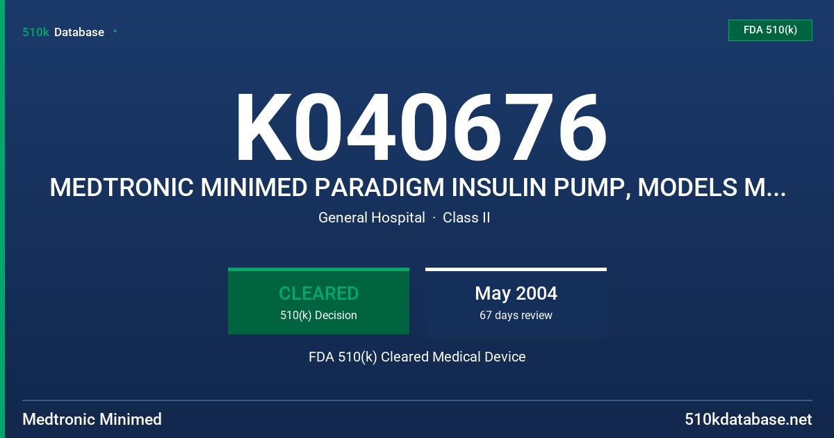K040676 MEDTRONIC MINIMED PARADIGM INSULIN PUMP, MODELS MMT-515 AND MMT-715 FDA 510(k) Cleared Medical Device