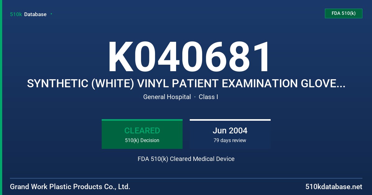 K040681 SYNTHETIC (WHITE) VINYL PATIENT EXAMINATION GLOVES-POWDER FREE FDA 510(k) Cleared Medical Device