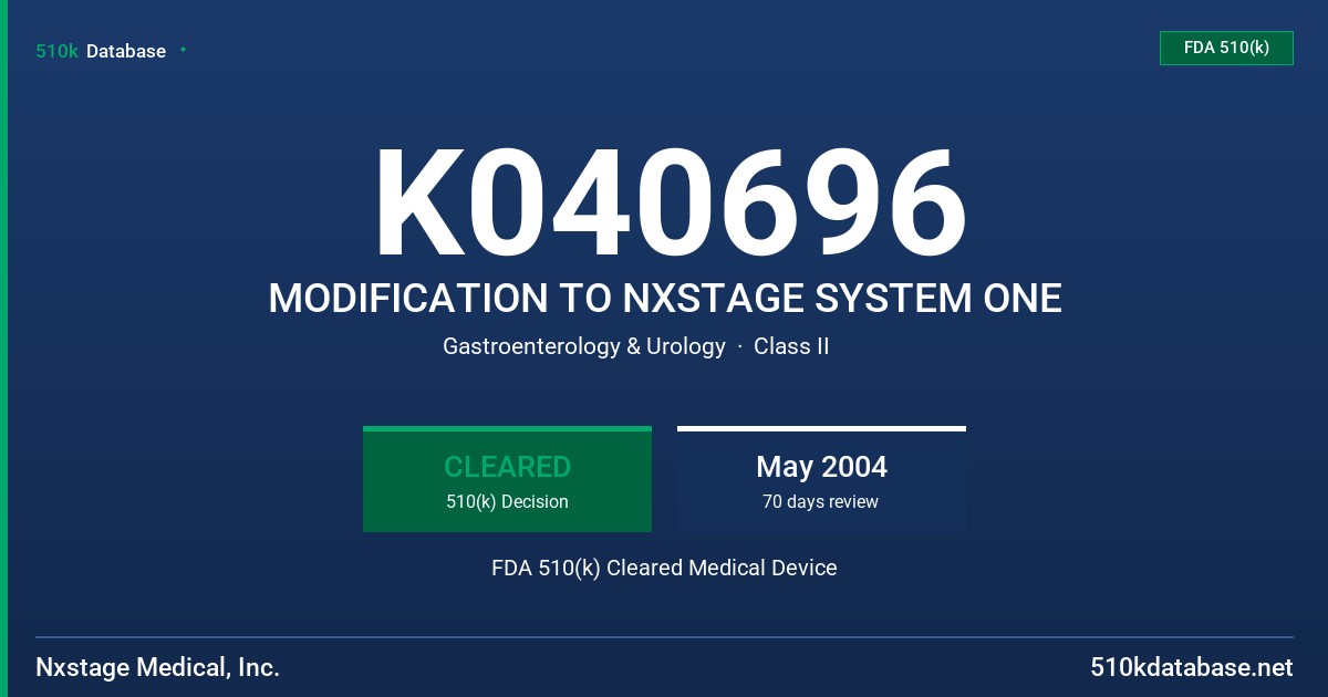 K040696 MODIFICATION TO NXSTAGE SYSTEM ONE FDA 510(k) Cleared Medical Device