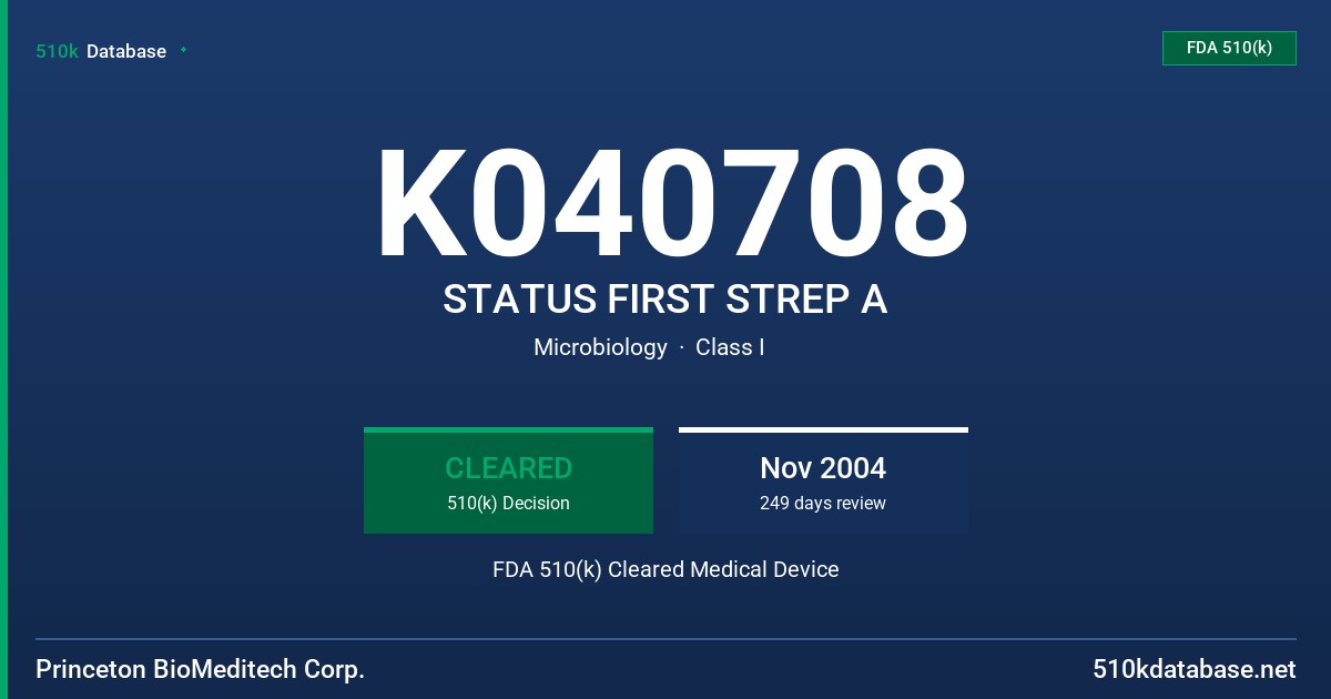 K040708 STATUS FIRST STREP A FDA 510(k) Cleared Medical Device