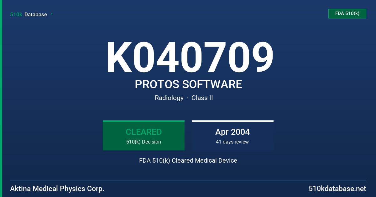 K040709 PROTOS SOFTWARE FDA 510(k) Cleared Medical Device
