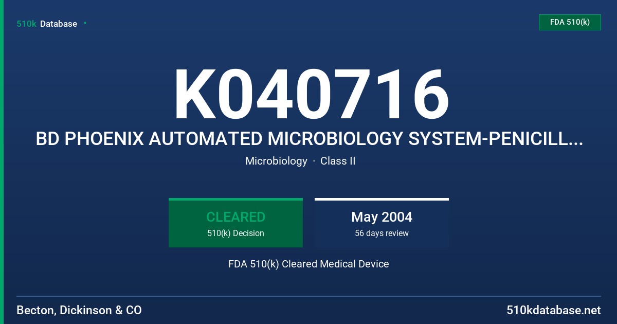 K040716 BD PHOENIX AUTOMATED MICROBIOLOGY SYSTEM-PENICILLIN (GP) 0.0625-32 UG/ML FDA 510(k) Cleared Medical Device