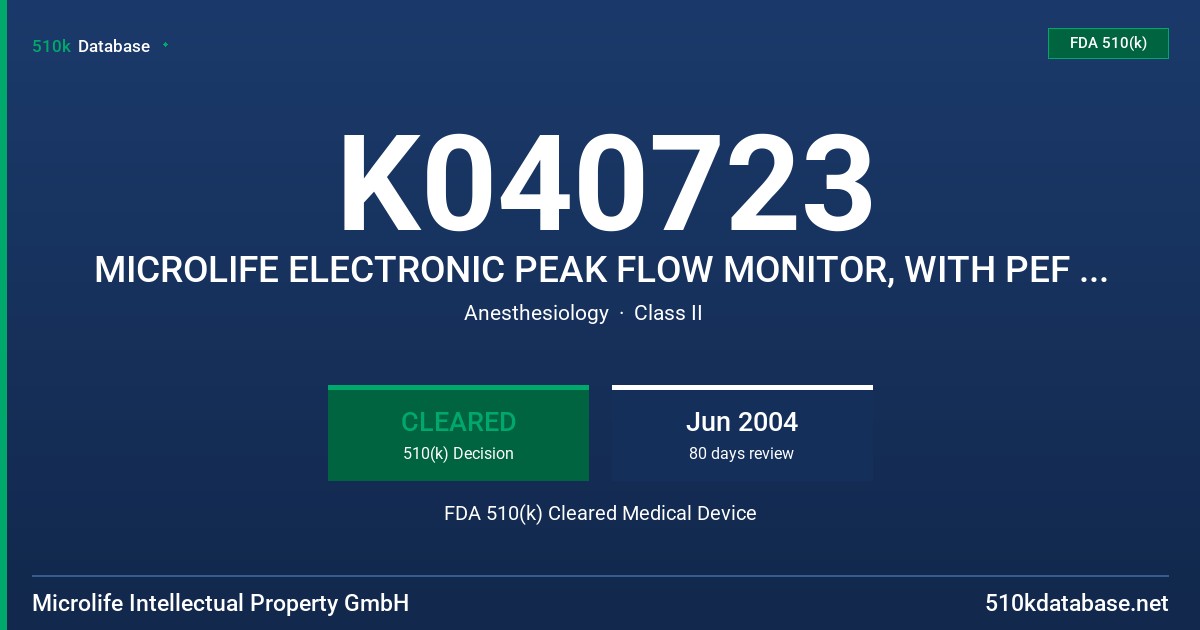 K040723 MICROLIFE ELECTRONIC PEAK FLOW MONITOR, WITH PEF AND FEV1, MODELS PF-100 AND PF-100-1 (WITH SOFTWARE) FDA 510(k) Cleared Medical Device