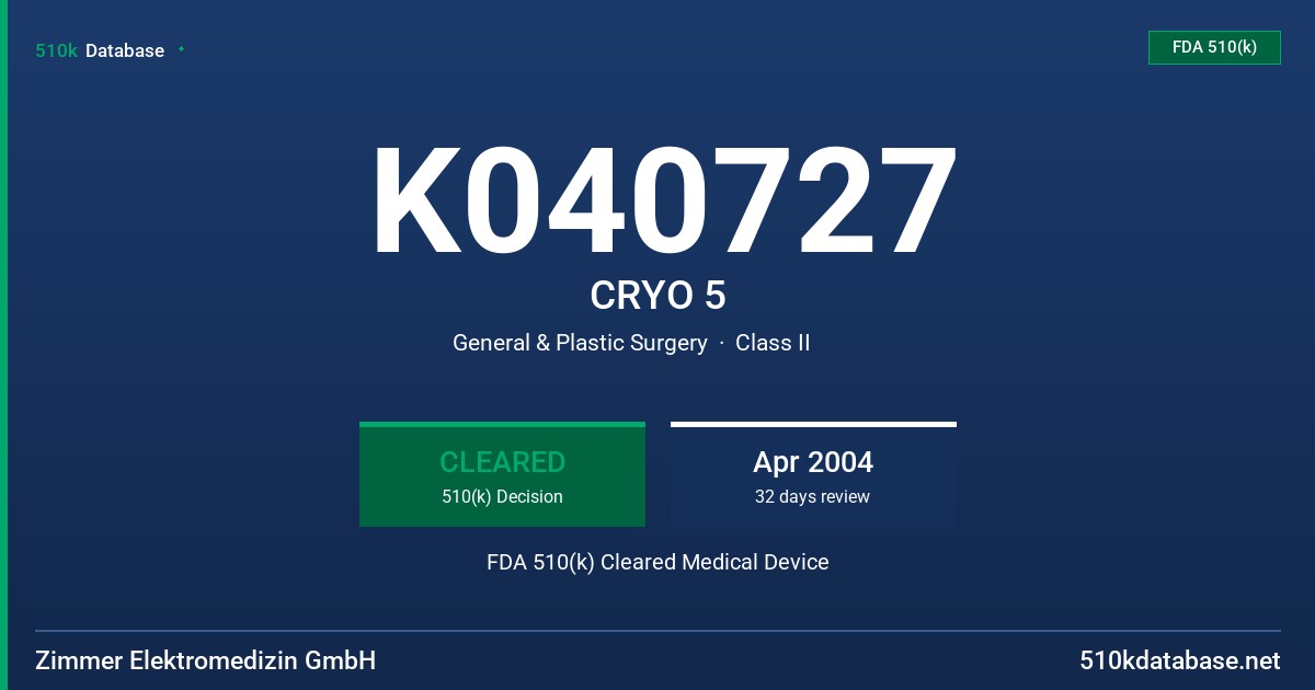 K040727 CRYO 5 FDA 510(k) Cleared Medical Device