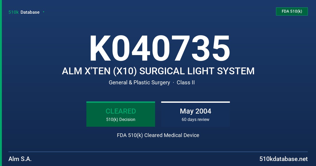 K040735 ALM X'TEN (X10) SURGICAL LIGHT SYSTEM FDA 510(k) Cleared Medical Device