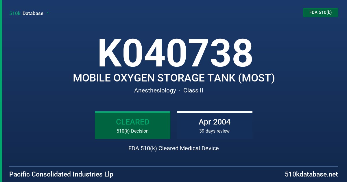 K040738 MOBILE OXYGEN STORAGE TANK (MOST) FDA 510(k) Cleared Medical Device