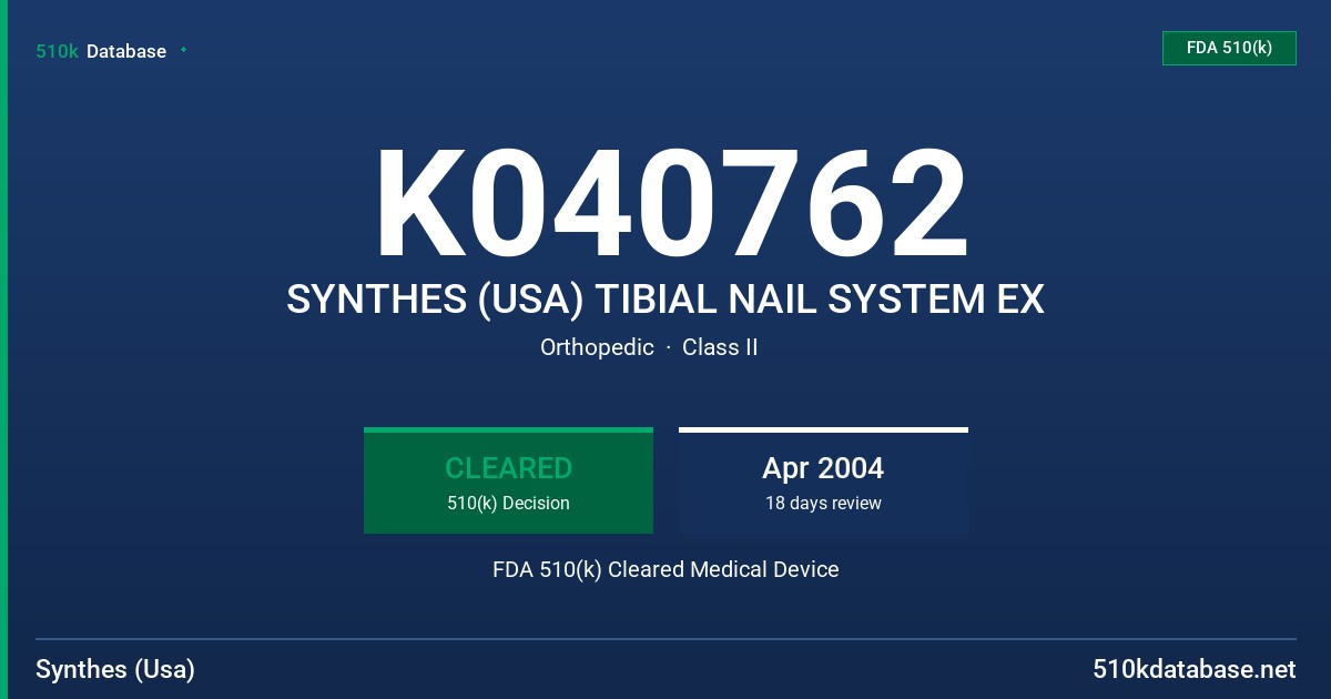 K040762 SYNTHES (USA) TIBIAL NAIL SYSTEM EX FDA 510(k) Cleared Medical Device