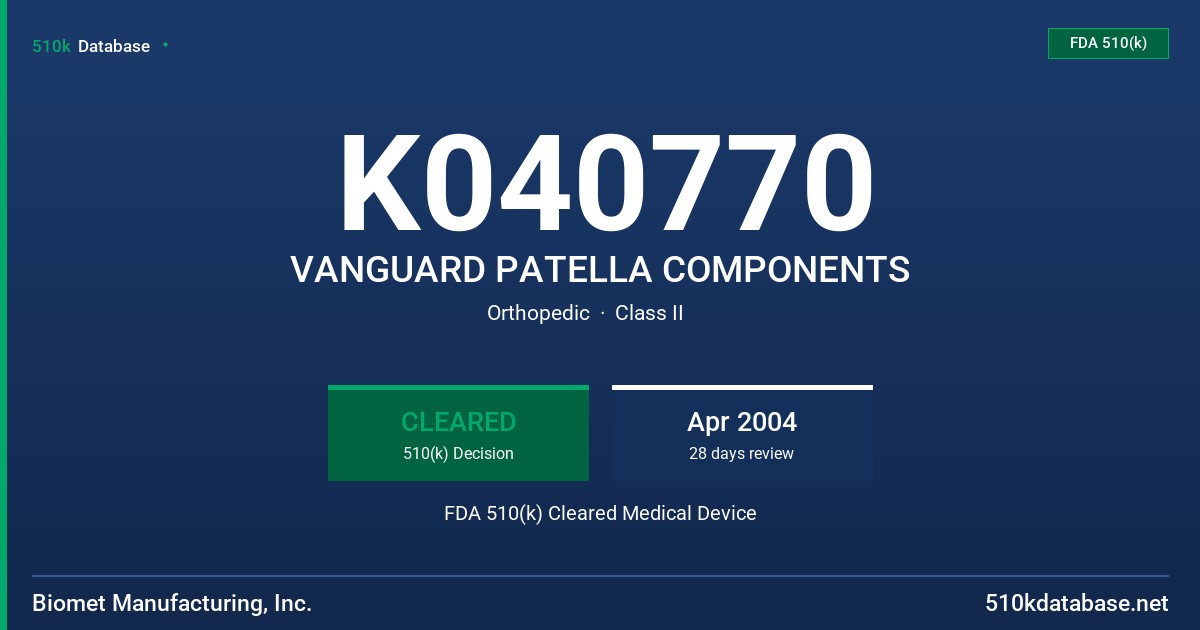 K040770 VANGUARD PATELLA COMPONENTS FDA 510(k) Cleared Medical Device