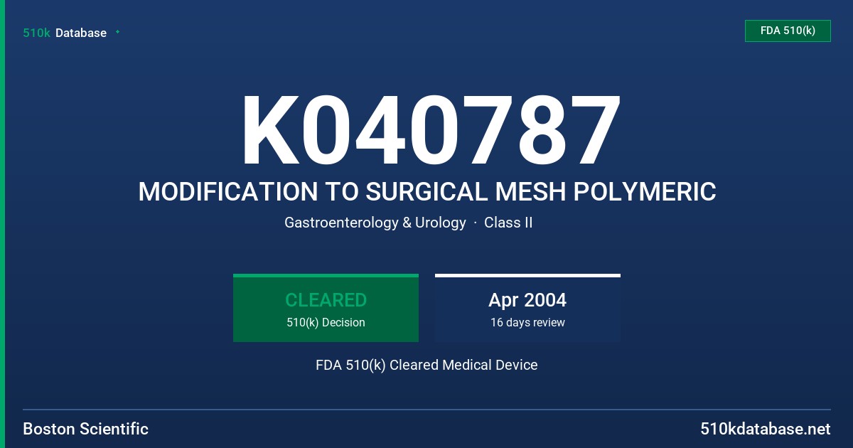 K040787 MODIFICATION TO SURGICAL MESH POLYMERIC FDA 510(k) Cleared Medical Device